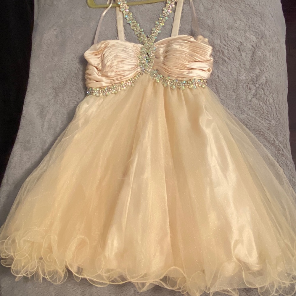 Champagne Ruched Rhinestone Bodice Dress - Picture 9 of 10